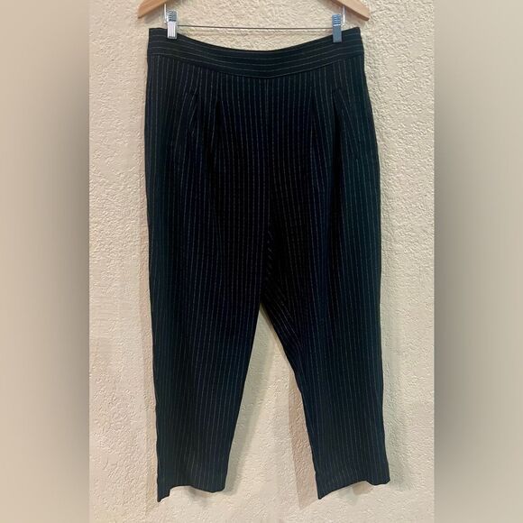 Anthropologie Striped Pleated Crop Trousers Sz 12 Black White Stripes Pockets - Picture 2 of 12